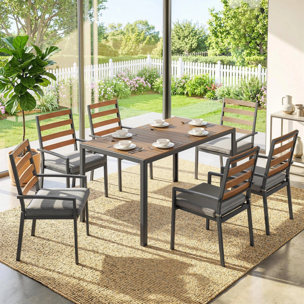 7 pezzi. Set di mobili da giardino; set da giardino con 1 tavolo da pranzo; 6 sedie; cuscini; per terrazza; legno naturale