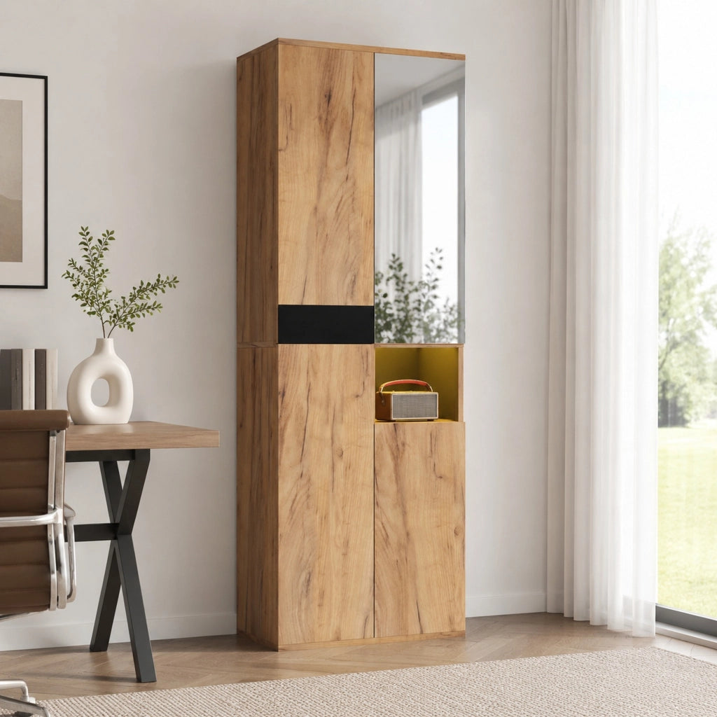 Armadio alto ULEVR 65x35x190 cm con specchio, 4 ante e vano aperto, nero e naturale