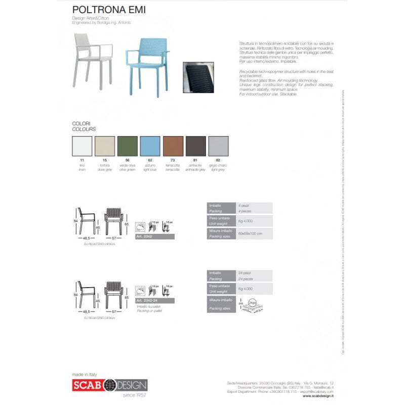 SET 4 PEZZI SEDIA EMI CON BRACCIOLI TECNOPOLIMERO MADE IN ITALY SCAB DESIGN - Azzurro 62