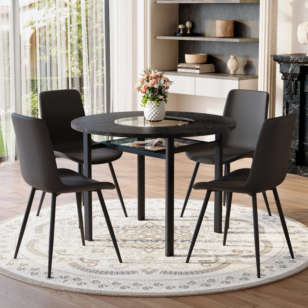 Tavolo da pranzo rotondo con 4 sedie in PU, piano in MDF con inserto in vetro e ripiano in vetro, nero marrone Ø 100 cm