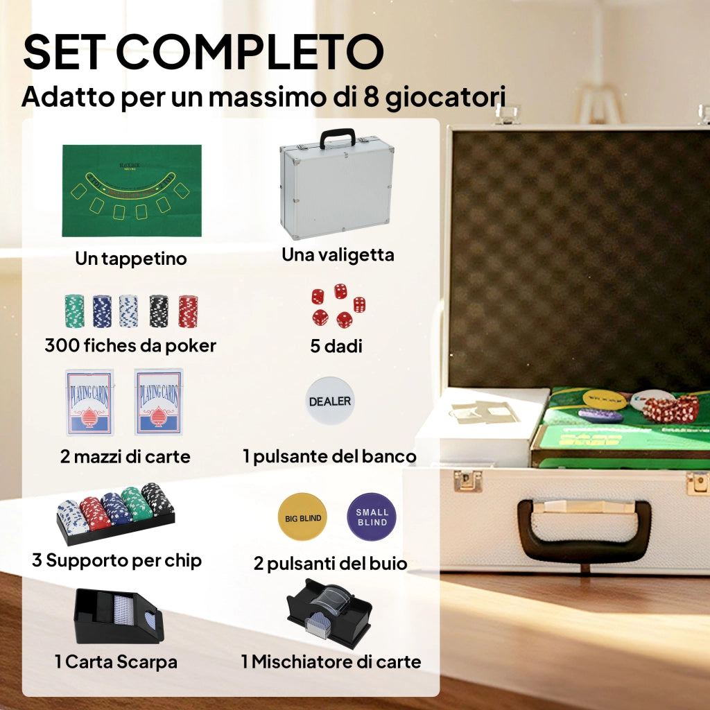 Set Poker con 300 Fiches Mescolatore e Distributore Carte Tappetino 5 Dadi Pulsante Dealer e Valigetta