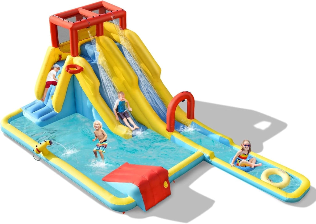 Castello Gonfiabile 8 in 1 per Bambini, Parco Acquatico con 2 Scivoli, Parete di Arrampicata, Area Basket e Palla, Borsa di Trasporto e Kit Riparazione, 622 x 335 x 225 cm (Senza soffiatore)