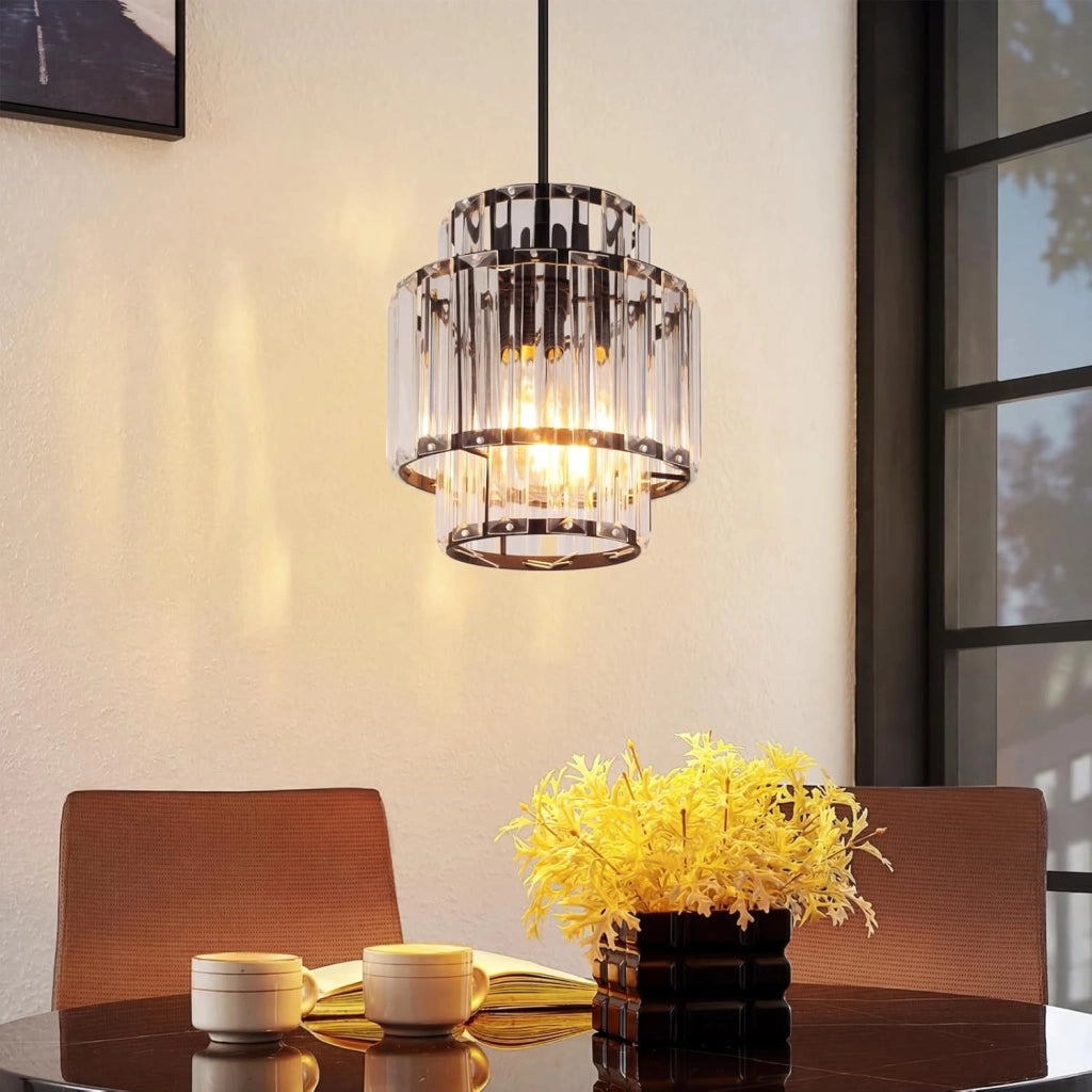 ZMH Lampada a Sospensione 1 Luce E27 Nera Pendente in Cristallo Vintage Regolabile Per Soggiorno Lampadina Non Inclusa