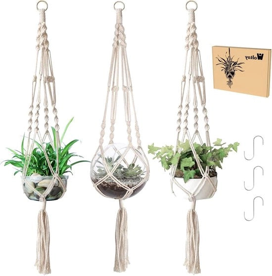 Set di 3 Corda Macramè per Appendi Piante da 105cm con 3 Ganci per Uso Indoor ed Esterno