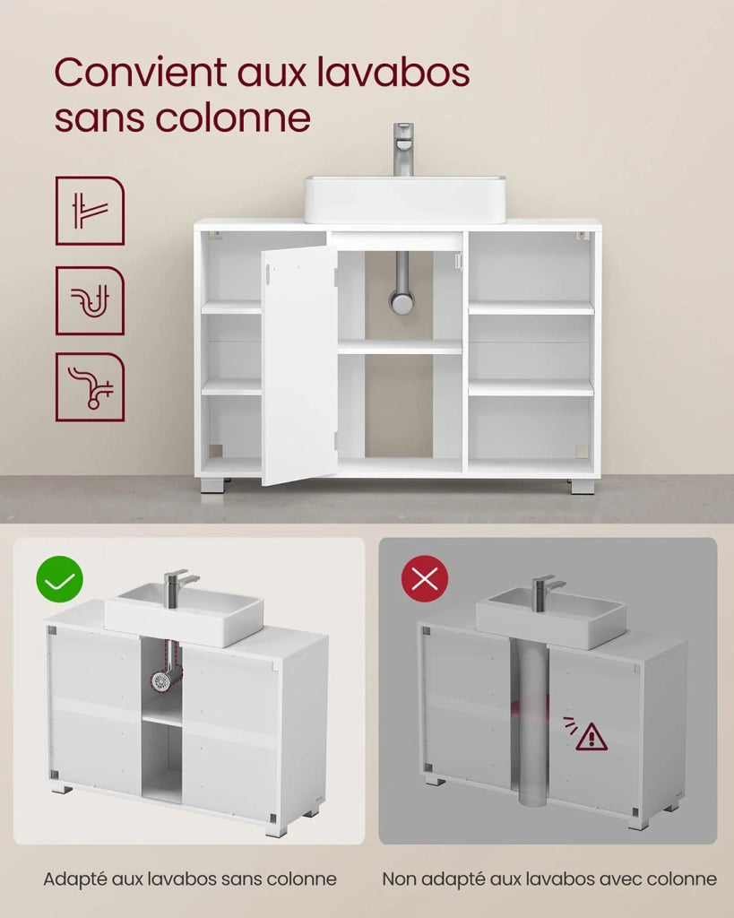 Mobile lavabo da bagno con ripiani e gambe regolabili 30 x 90 x 60 cm bianco 12_0006539