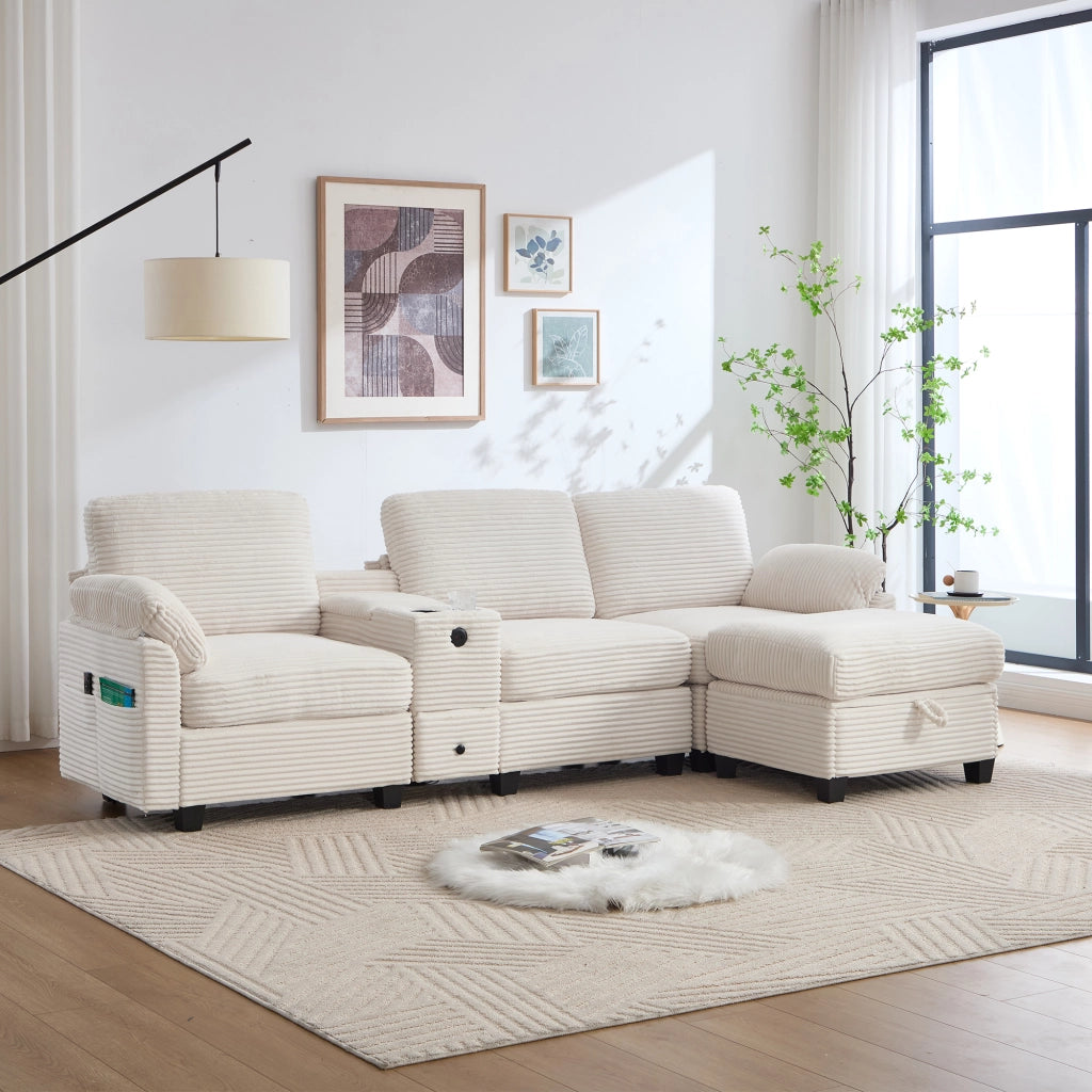 Divano Dritto con Console Scorrevole, USB-C, Tasche Laterali e Pouf Contenitore, in Velluto a Coste Beige
