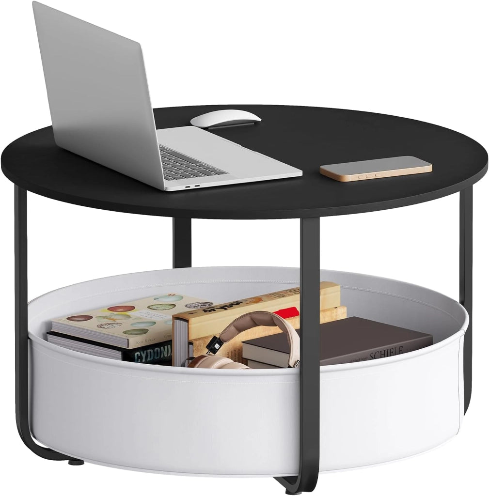 Tavolino da Salotto Rotondo Ø 80 cm con Cestino Portaoggetti in Tela e Struttura in Metallo, Tavolino da Caffè per Soggiorno, Stile Moderno, Nero+Grigio