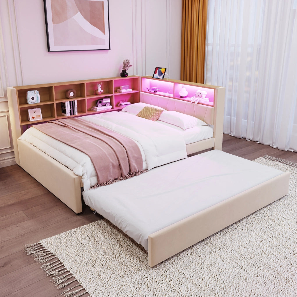 Divano letto beige 140x200 cm con letto estraibile 90x190 cm, LED e ricarica USB-C