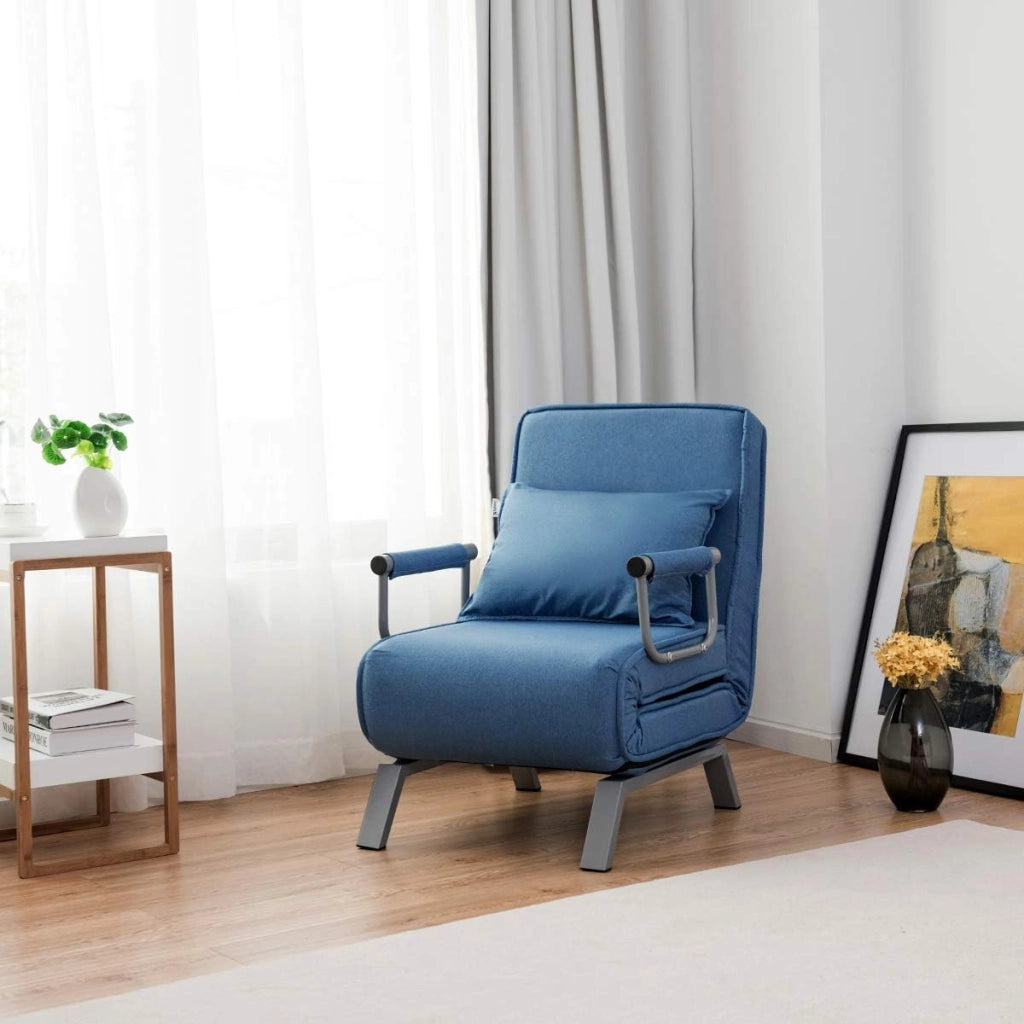 2 in 1 Poltrona Letto Pieghevole, Schienale Regolabile a 5 Livelli, con Braccioli e Cuscinetto, Chaise Longue Soggiorno, Telaio in Metallo, Carico di 150 kg, 59x78,5x83 cm, 5 Colori