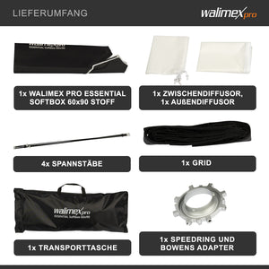 Essential Softbox 60x90cm, ruotabile a 360°, facile da montare, con griglia, adattatore Bowens e borsa per il trasporto, ideale per la fotografia di prodotti e persone