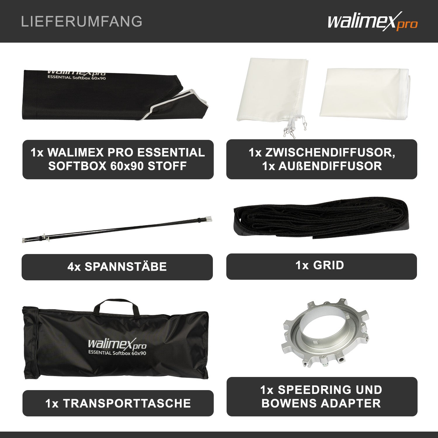 Essential Softbox 60x90cm, ruotabile a 360°, facile da montare, con griglia, adattatore Bowens e borsa per il trasporto, ideale per la fotografia di prodotti e persone