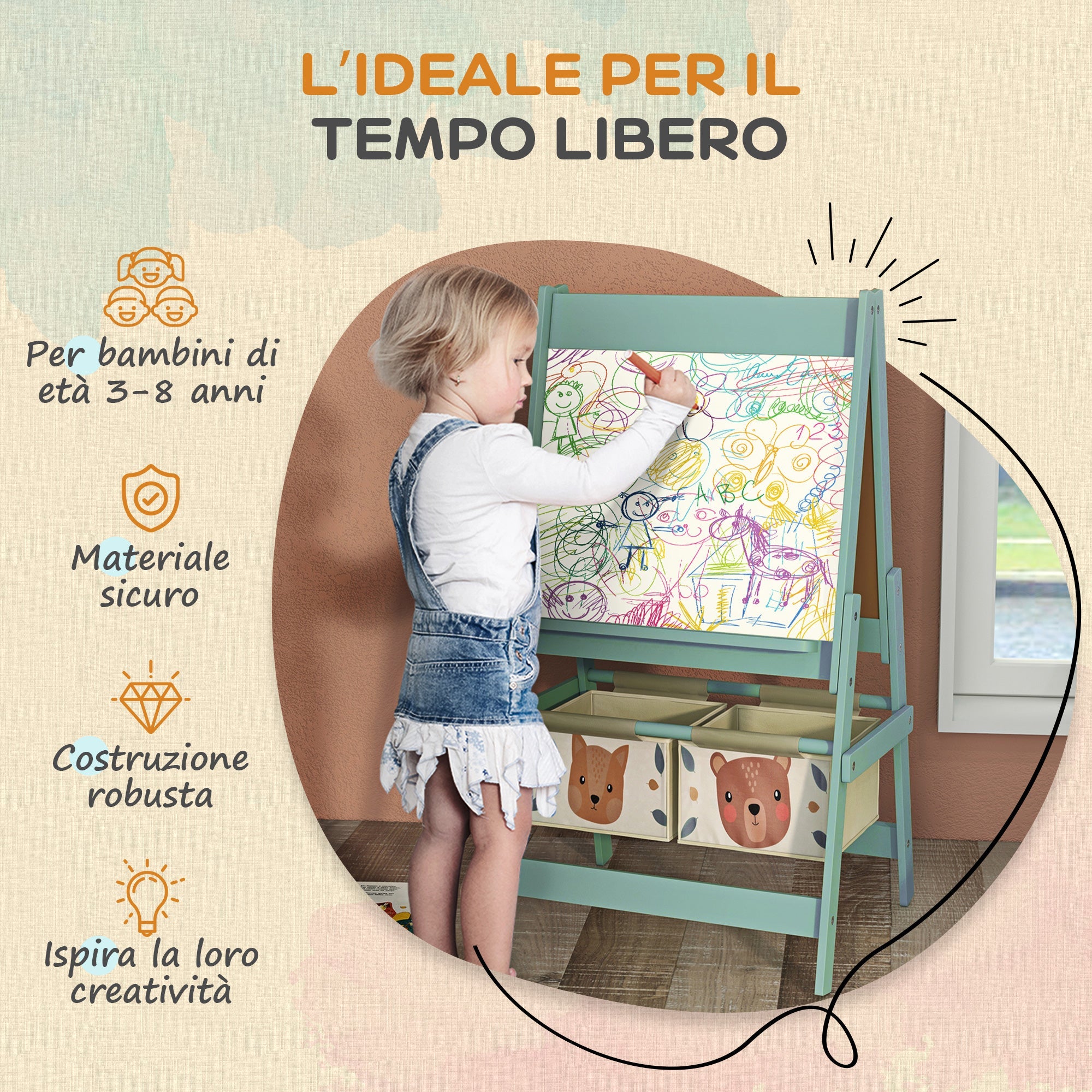 Lavagna per Bambini 3 in 1 54x46,5x93 cm con Cavalletto Verde