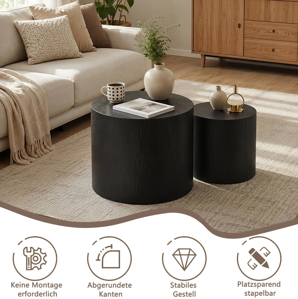 Set di 2 tavolini rotondi nidificabili in MDF nero