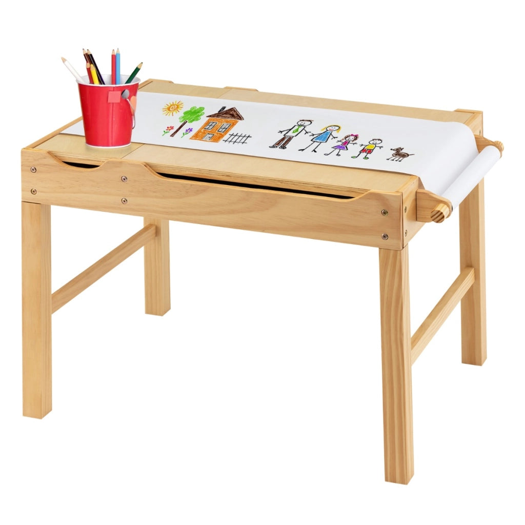 Tavolo multiattivit¨¤ bambini con piano reversibile porta rotolo di carta da disegno, Tavolo costruzioni Naturale-Tavoli e sedie
