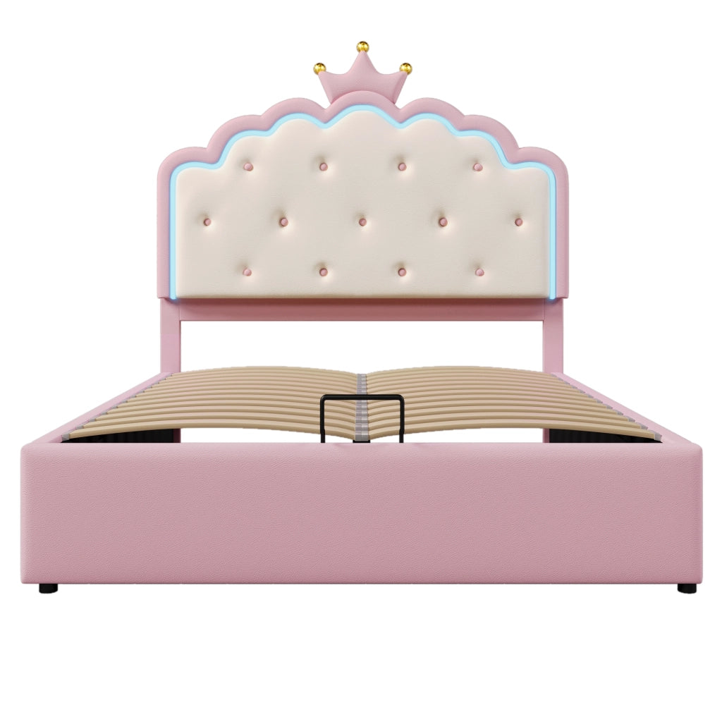 Letto per bambini in PU rosa 140x200 cm con rete a doghe, luce LED, contenitore idraulico, senza materasso