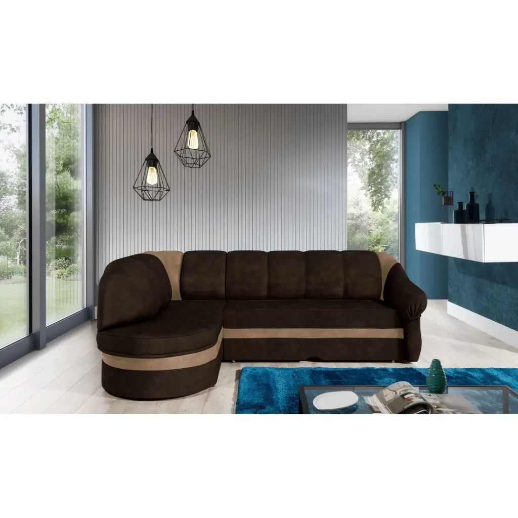 Divano angolare sinistro convertibile BENANA 250 cm marrone scuro e beige con contenitore