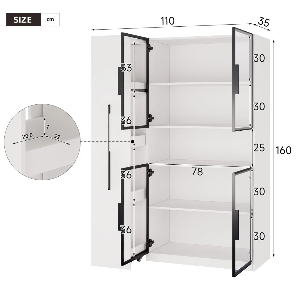 Vetrina ULEVR 110x35x160 cm in MDF bianco con LED multicolore, ripiani estraibili e cassetti