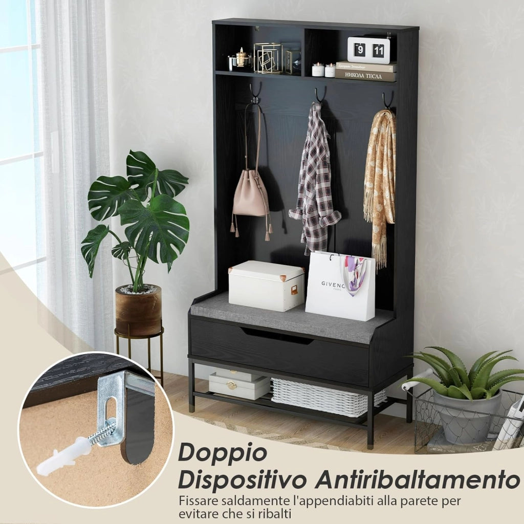 4 in 1 Appendiabiti da Ingresso, Armadio con Appendiabiti Multifunzionale, con Panca Cuscino e Ganci, Panchina per Ingresso, 90 x 38,5 x 170 cm (Nero)