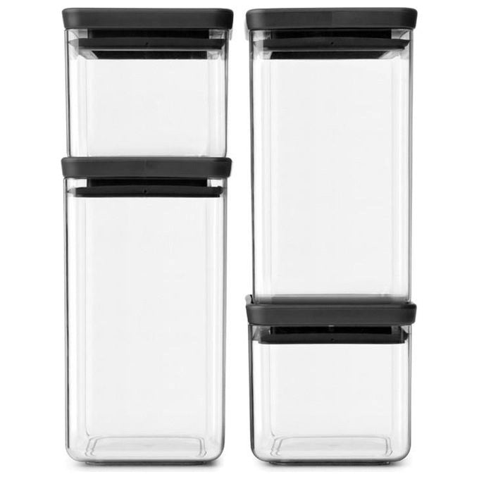 Brabantia 122422 Tasty+ Set 4 Barattoli Quadrati Impilabili 4.6 L in Plastica SAN con Coperchio Ermetico in Silicone colore Grigio Scuro