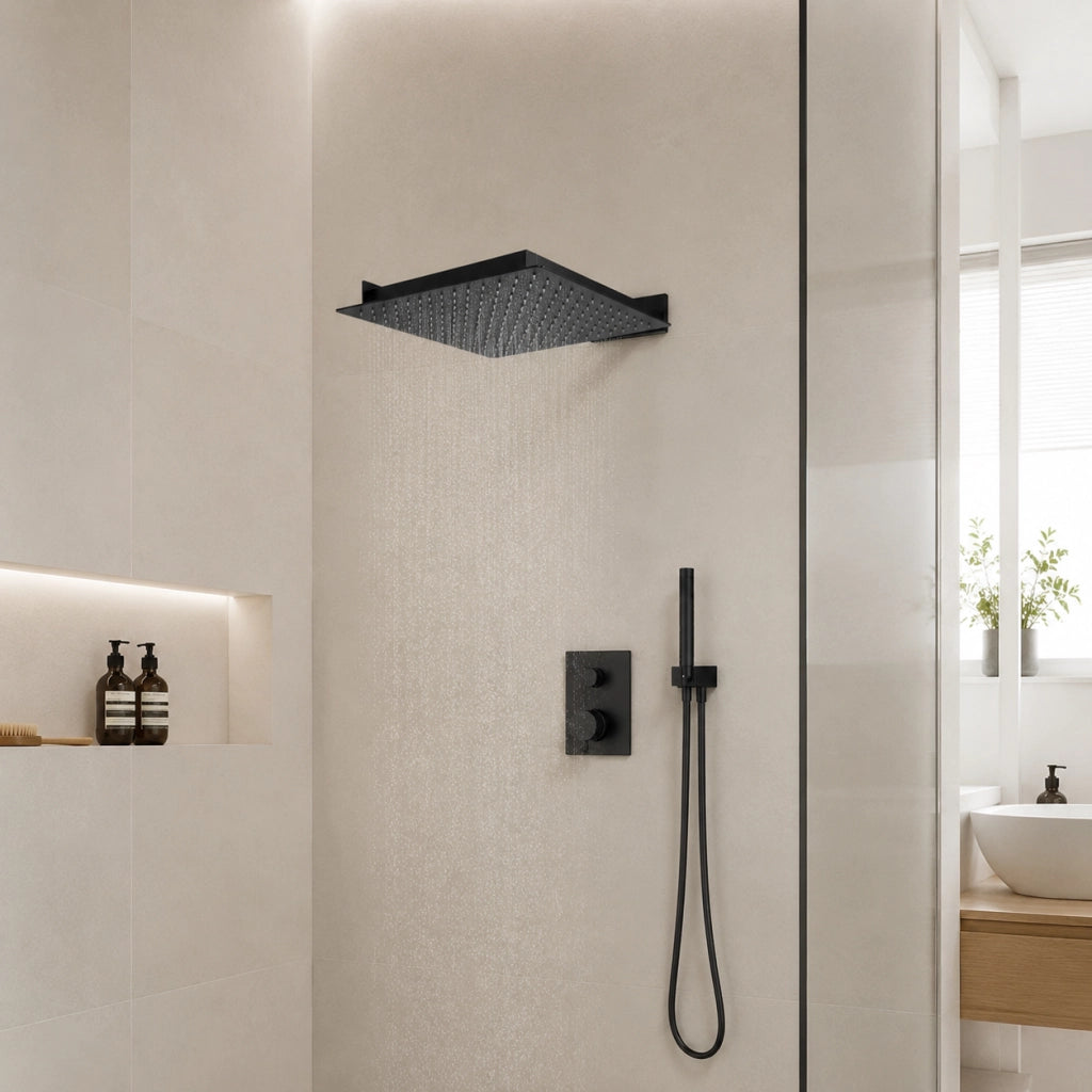 Soffione Doccia Per Bagno Ultra Slim Moderno Quadrato 25x25 cm Nero 1/2" 87883
