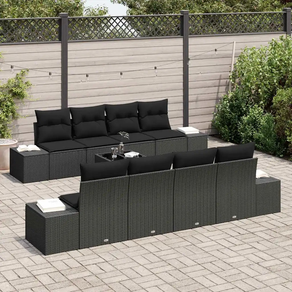 Set Divano da Giardino con cuscino 8 pcs Nero polyrattan