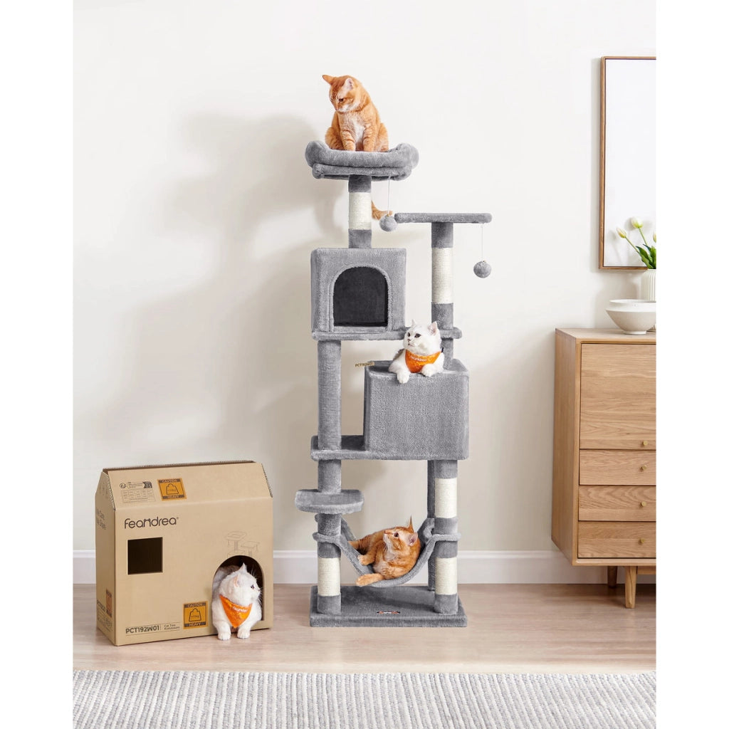 Tiragraffi a Torre Oskar in Peluche Grigio con Amaca