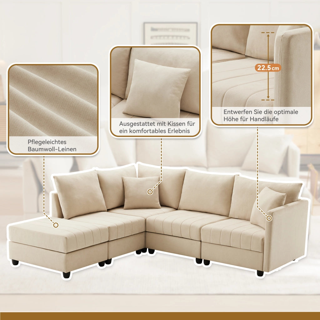 DIVANO Modulare 5 Posti 220x194x85 cm Beige con Pouf Mobile