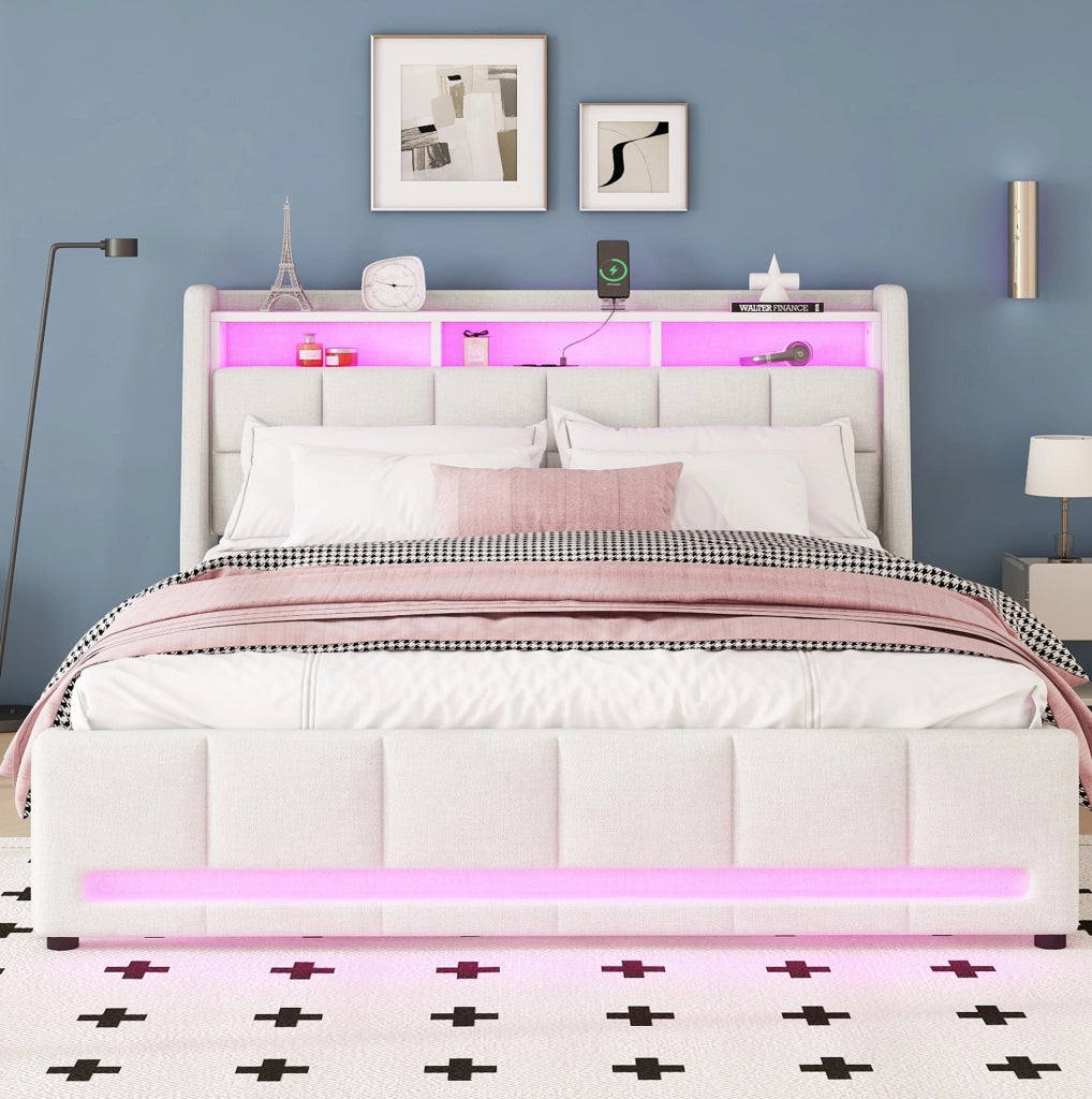 Polsterbett 140x200 cm con LED APP, USB e 2 cassetti, colore beige
