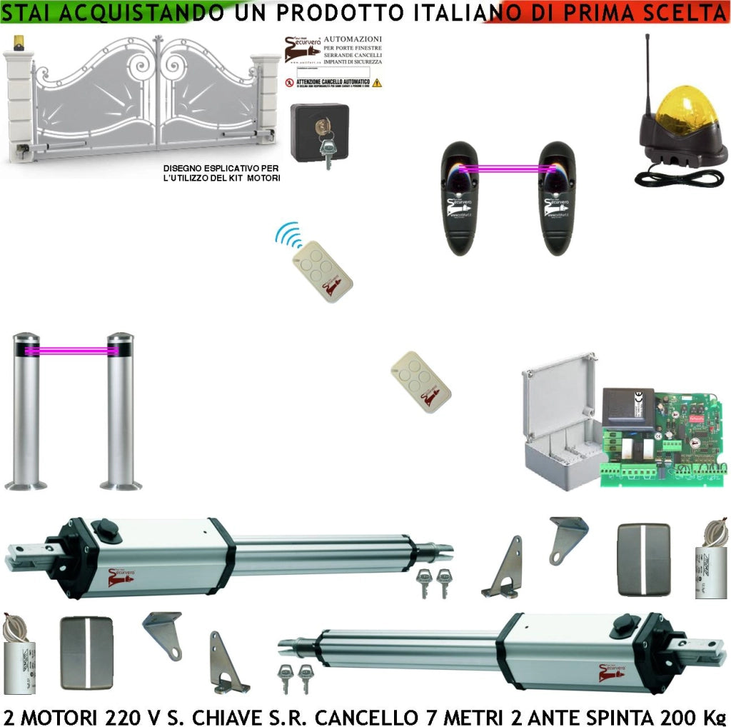 Cancello Elettrico da 7 Metri 2 Ante da 3,5 Metri Kit Automatismo 2 Motori Elettromeccanici 230 V Stelo Retrattile Autobloccante Corsa 600 mm Spinta 250 Kg Centrale Radio 2 Paline 2 Coppie Fotocellule