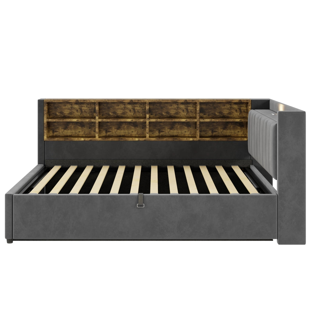 Letto imbottito matrimoniale 140×200 cm con contenitore idraulico; LED; USB; Type-C; ripiani; senza materasso; grigio