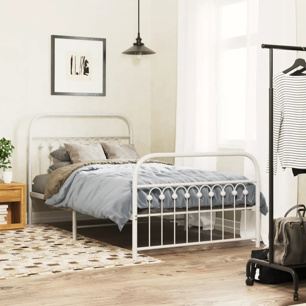 Letto singolo | Letto per adulti | Giroletto con Testiera e Pediera Metallo Bianco 100x200 cm