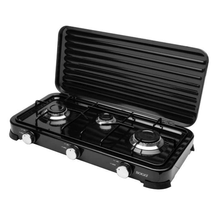 Fornello a gas 3 fuochi GPL da esterno 5,4 kW, piano smaltato con regolazione fiamma e supporti pentola - Sogo