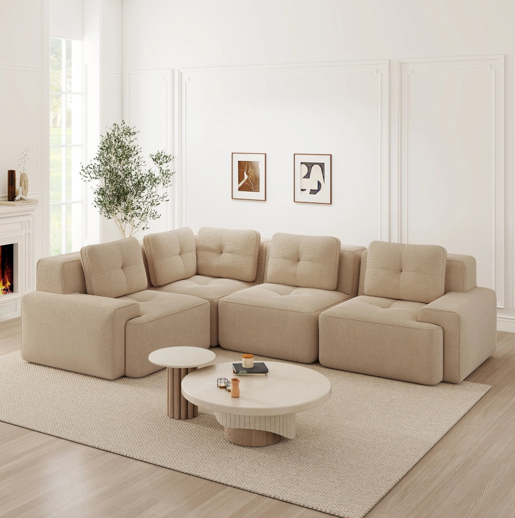Divano angolare modulare in velluto a coste beige 295x206x69 cm; senza montaggio