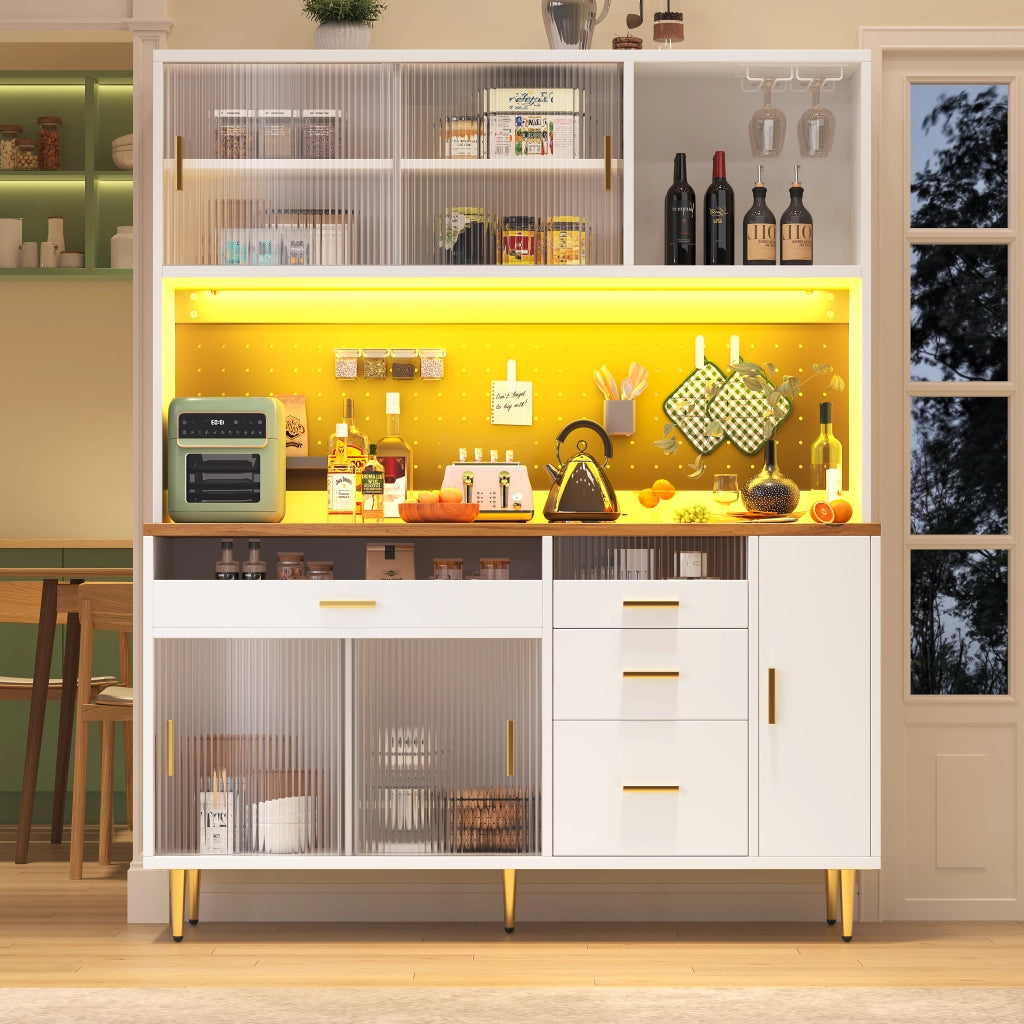 Credenza alta da cucina con 1 porta scorrevole in vetro; ripiani regolabili; pannello forato e LED; in MDF; 145 x 39 x 171 cm; Bianco