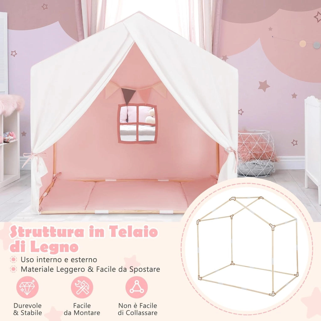 Tenda da Gioco per Bambini, Tenda per Bambini con Finestre Tappetino Lavabile in Cotone e Bandiera, Castello da Gioco per Bambini 3 Anni + (Rosa)
