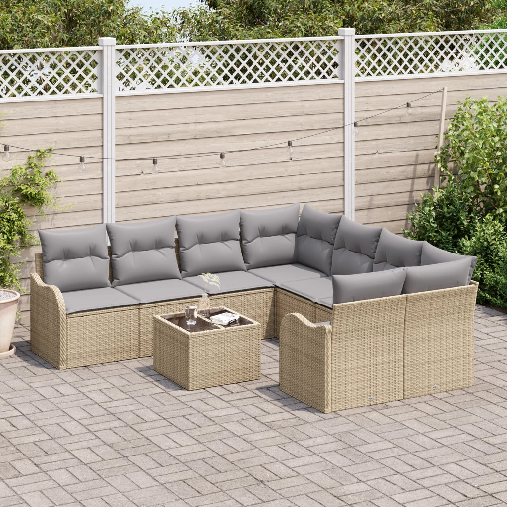 Set divano da giardino 9 pezzi con cuscini beige in polyrattan
