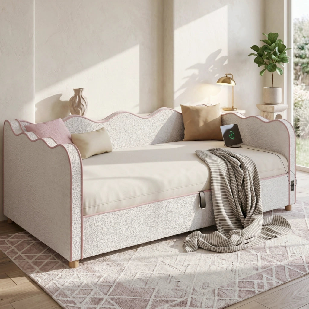 Letto per bambini 90 × 200 cm contenitore con sollevamento idraulico, USB et Type-C, senza materasso, beige