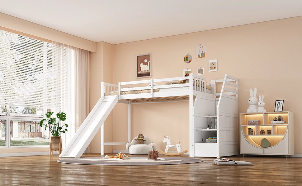 Letto a soppalco per bambini 90 × 200 cm con scivolo, scala contenitore, certificato EN747, senza materasso, bianco