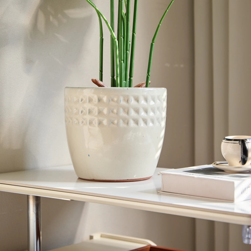 Fioriera a più livelli set di 3 vasi in ceramica con rilievo a nido d'ape per interno e balcone bianco crema