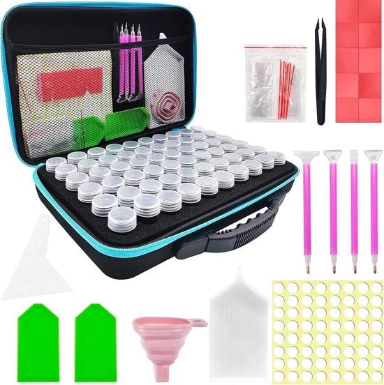 Set di ordine per lavori di puntina, 60 celle, contenitore di plastica, accessori, scatola per ordinare, con pennello, valigetta, sacchetto, pinza e simili, per puntine, pietre di strass, perle, attività di fai da te