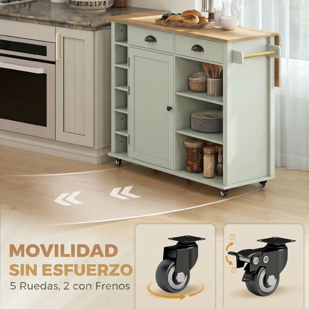 Armadio da Cucina con Ruote, Anta con Ripiani e 2 Cassetti ¨C Zephmum ¨C 117.5x70x91 cm Verde Chiaro