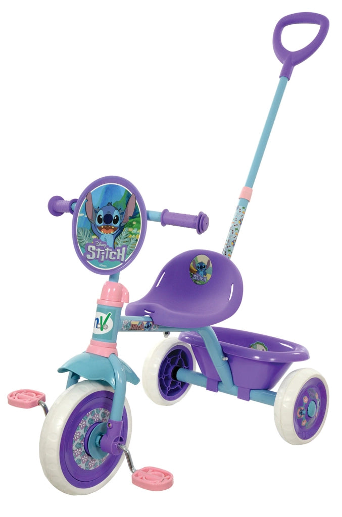Triciclo a Pedali Primi Passi per Bambini con Maniglione Genitoriale Rimovibile e Vano Contenitore Disney Stitch Viola