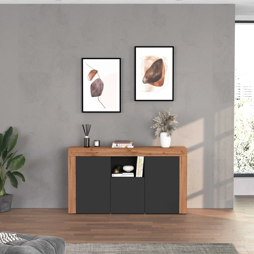WHOUS Credenza Chronos 3 ante e 1 vano antracite opaco e rovere 155x40x85 cm