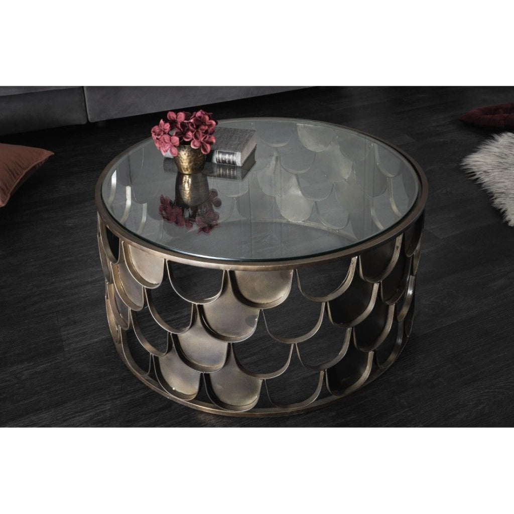 Tavolino basso METRIX rotondo 60 cm bronzo con struttura effetto squama – Tavolino basso design in metallo e vetro temperato