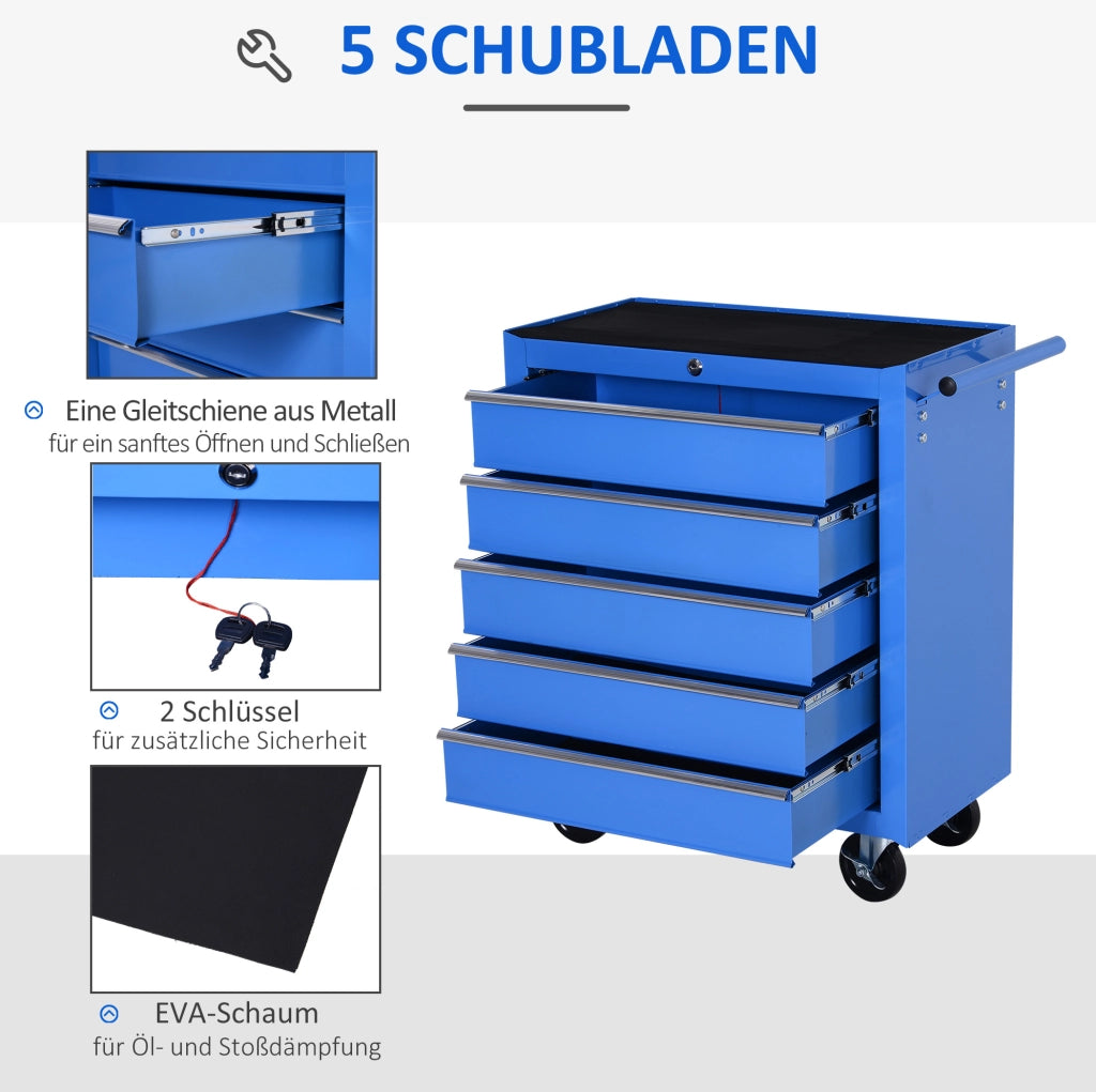 Carrello portautensili in acciaio blu con 5 cassetti e ruote
