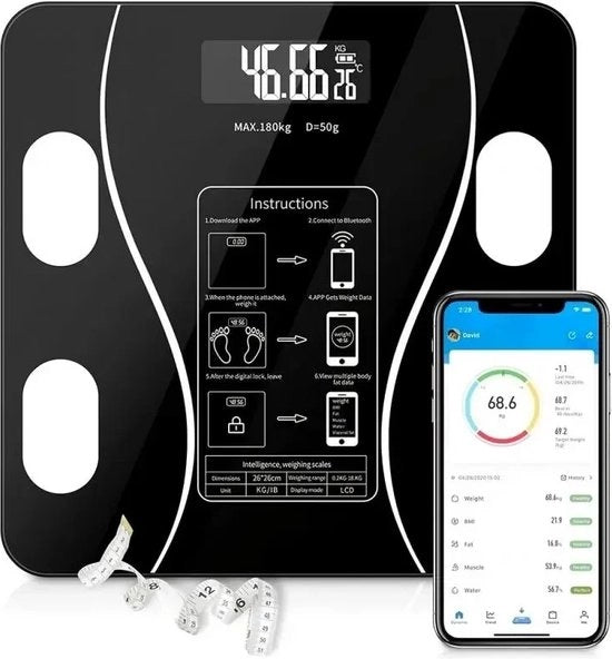 Pesa corpo con indice di massa corporea - Pesa personale con analisi del corpo - Pesa con corpo e applicazione - Applicazione inclusa - Nero