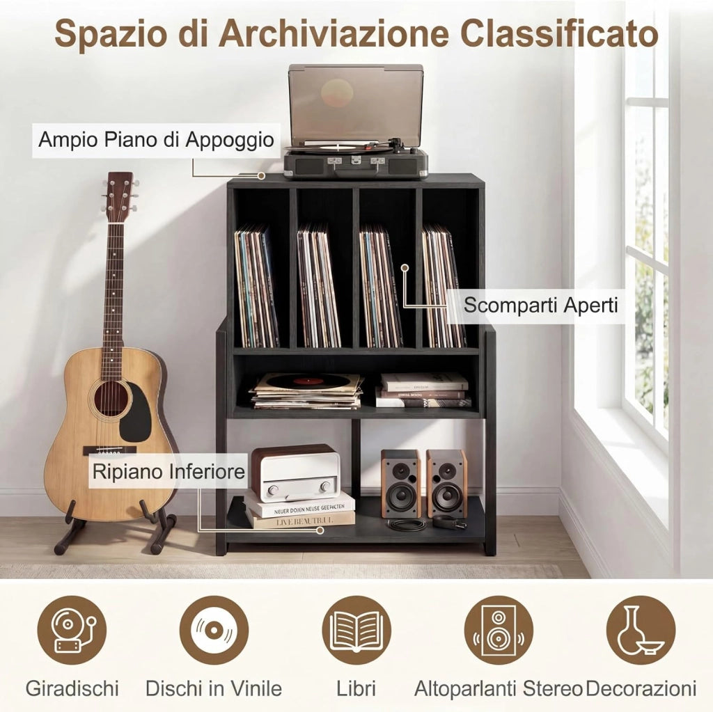 Supporto per Giradischi, Mobile Porta Giradischi con 4 Scomparti e Ripiani Aperti, Scaffale per Dischi in Legno con Ruote e Piedini Regolabili (Nero, Nessuna Presa di Corrente)