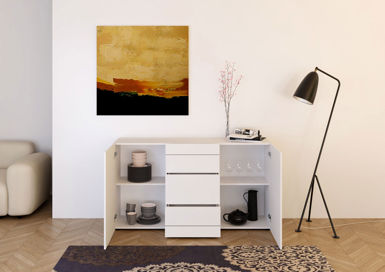 Madia 2 Ante e 3 Cassetti 150x40x83,5 cm Elios Bianco Lucido