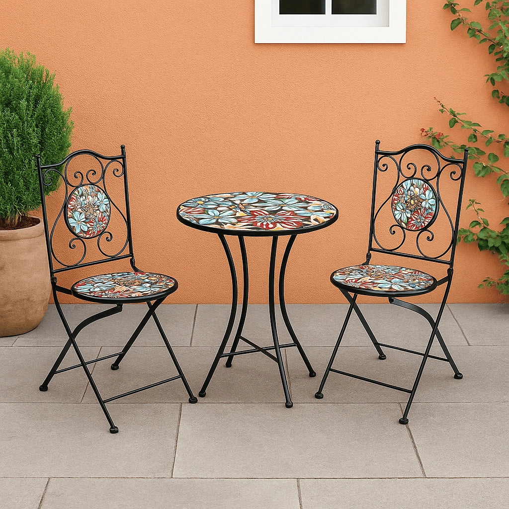 SET PER ESTERNO GIARDINO TAVOLO E 2 SEDIE CON INSERTI IN CERAMICA MODELLO "ANTIBES"