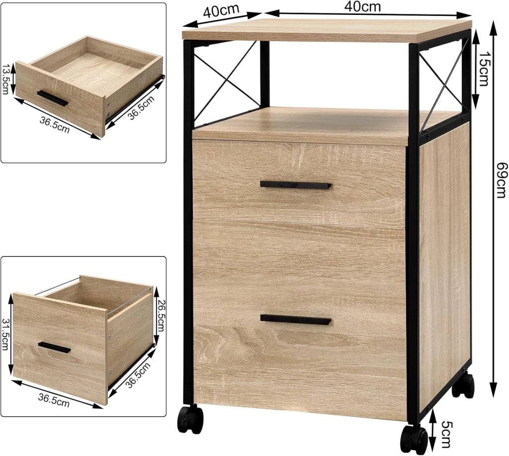 Cassettiera da Ufficio, Schedario da Ufficio con 1 Scomparto Aperto e 2 Cassetti, Armadietto con Ruote, per Stampante, Documenti Letter/A4, in Legno, Effetto Legno Chiaro, 40x40x69cm, ASK09hei